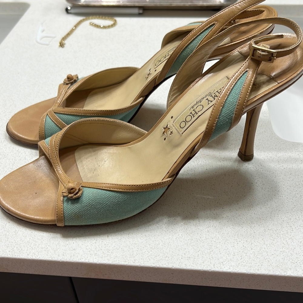 Jimmy Choo teal and leather stiletto shoes